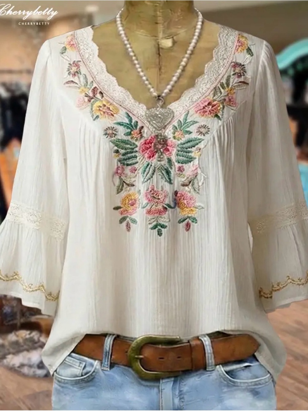 Embroidered V-Neck White Boho Top